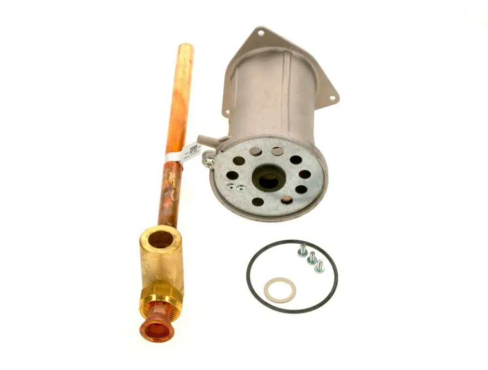 BOSCH Mischeinrichtung mit einem metallenen Gehäuse, einer Kupferleitung und einer Messingarmatur, ergänzt durch Dichtungen und Schrauben.